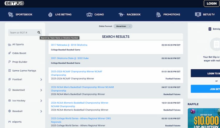 A view of the betting interface on BetUS, one of the best OK online sportsbooks.